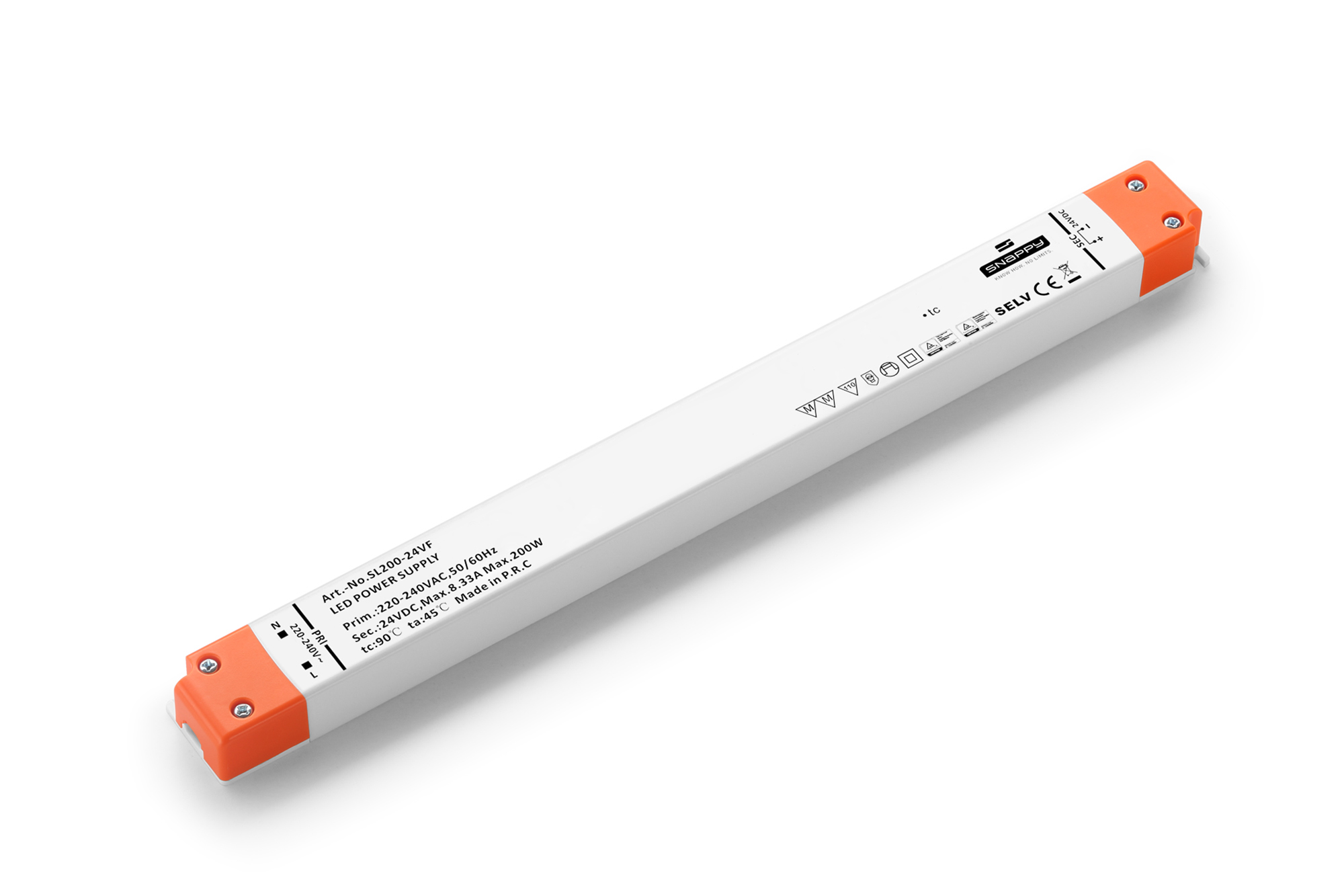 SL200-24VF  200W, Constant Voltage Non Dimmable LED Driver, 24VDC, 8.33A, Input 200-240VAC 50/60Hz, IP20.